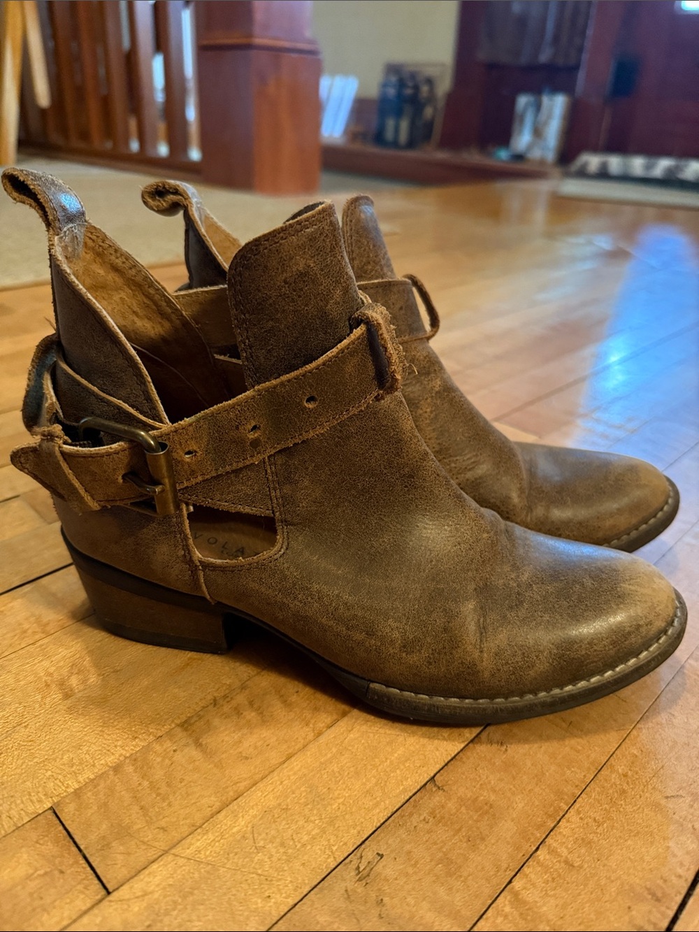 Very Volatile Brown Suede Cutout Ankle Bootie with Buckle Distressed